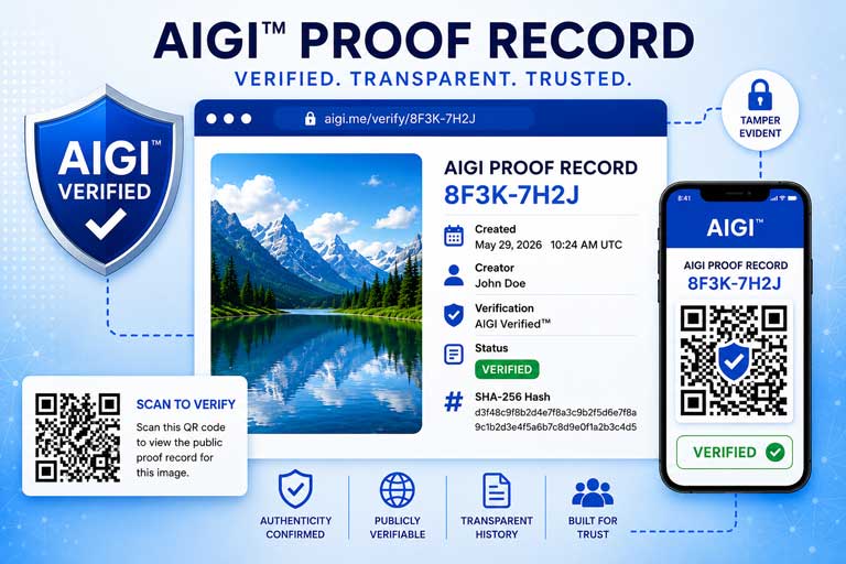 AIGI Verified image proof record with QR code, verification ID, timestamp, and public proof page